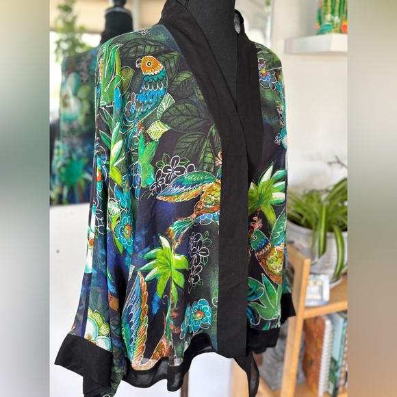 100% Silk Kimono Style Colorful Tropical Wrap Top SZ 3 (M-XL) Spring Summer CUTE - Picture 3 of 8